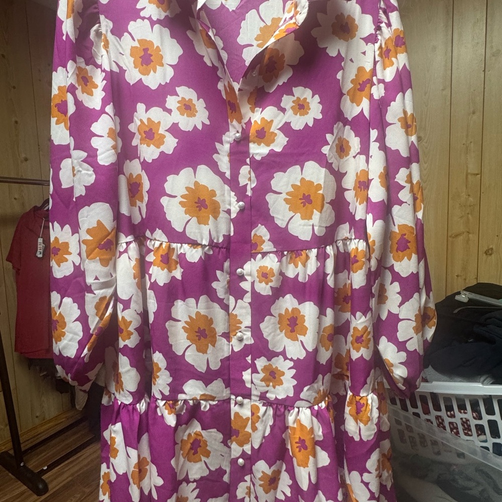 Floral Tiered Button-Front Dress in Magenta